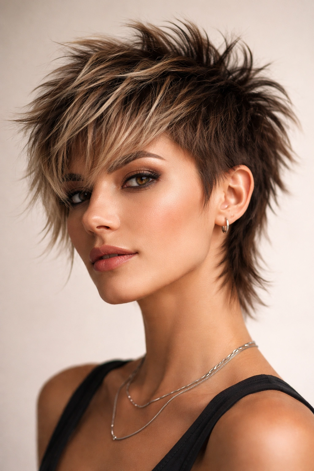 15 Choppy Short Haircuts Loaded With Texture 12 Close-up of a short textured shag with choppy sides and mohawk-inspired silhouette.