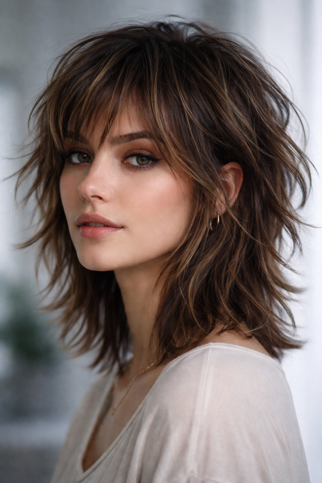 Textured short-to-medium shag with lift and movement