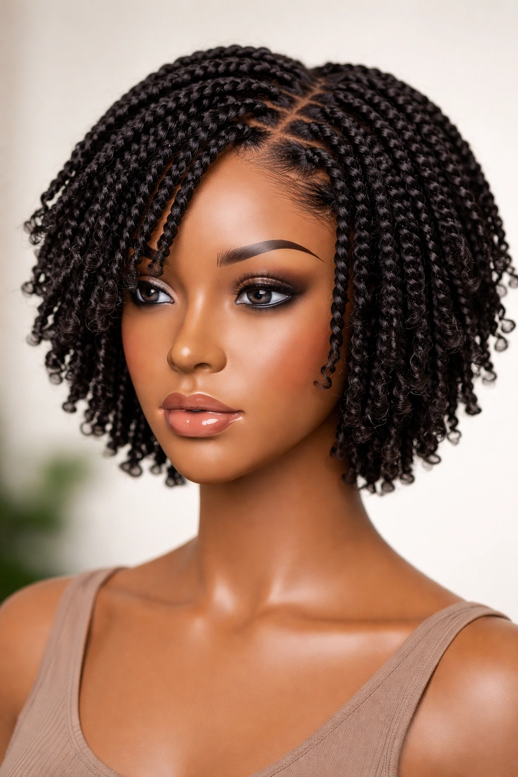 Close-up of a short twist sew-in on a mannequin head with textured two-strand twists