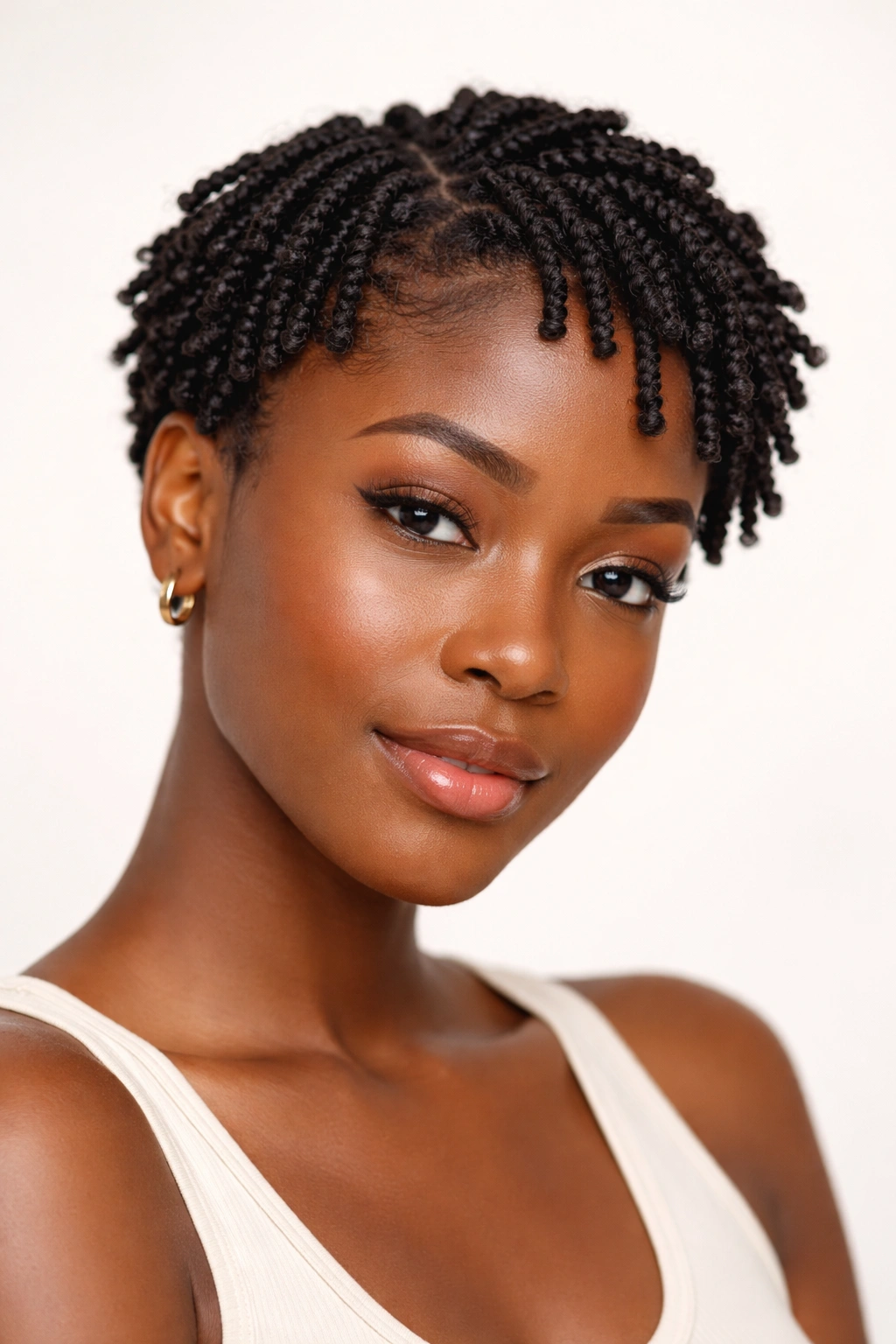 Close-up of short two-strand twists around the scalp