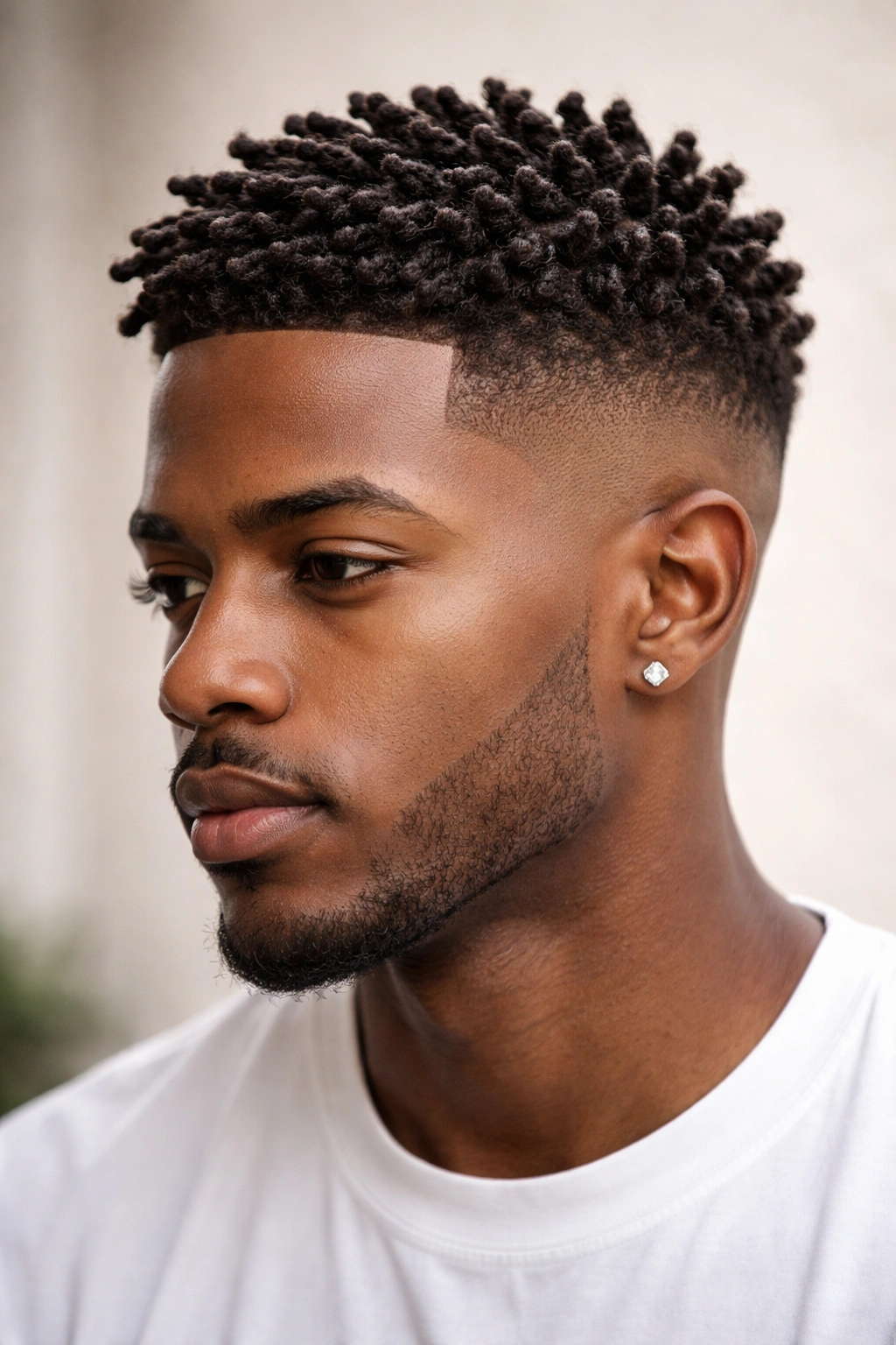 Close-up of a Black man with short twists on top