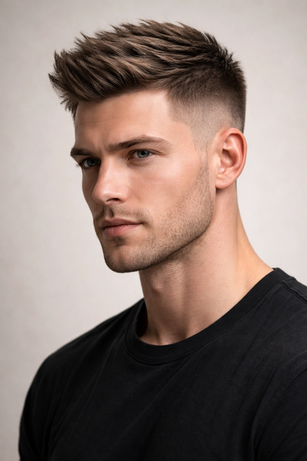 Short undercut hairstyle with blended top and sides on a square-faced man