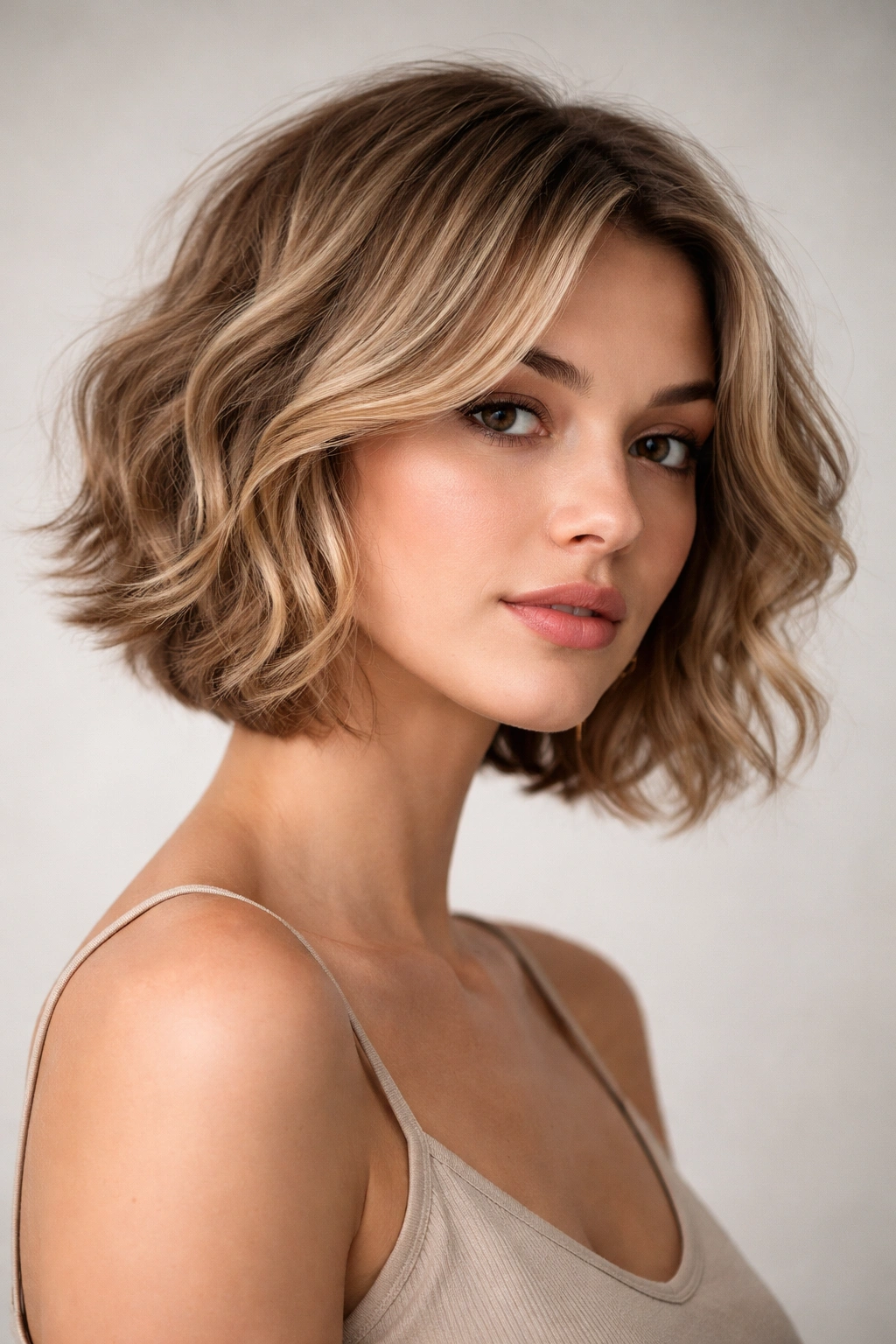 Close-up of chin-length Short Wavy Bob with textured waves and shine