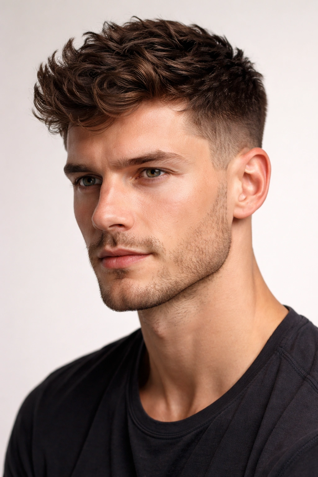 Short wavy crop hairstyle on male model