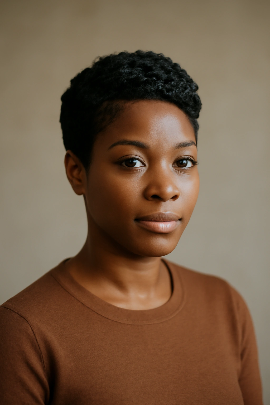 12 Short Weave Hairstyles Black Women Are Loving 13 Close-up portrait of a Black woman with a sleek short weave in a studio with warm lighting