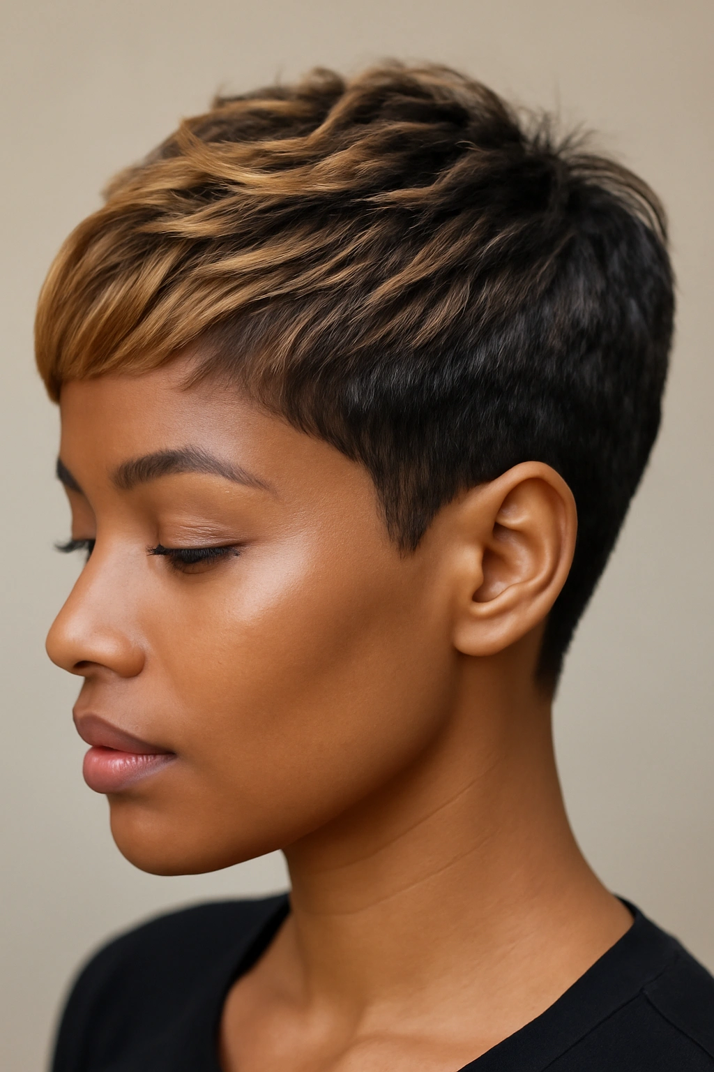 10 Quick Weave Short Styles Worth Asking For Now 13 Close-up of a short weave with honey caramel balayage and color-blocked sides