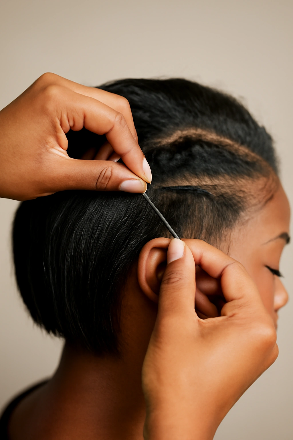 10 Quick Weave Short Styles Worth Asking For Now 14 Close-up of stylist hands performing short weave installation with precise seaming
