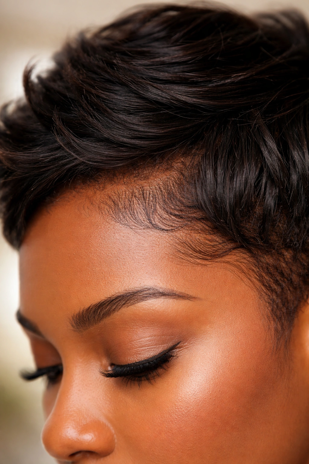 Close-up of a short weave hairline blending with natural hair and visible baby hairs.