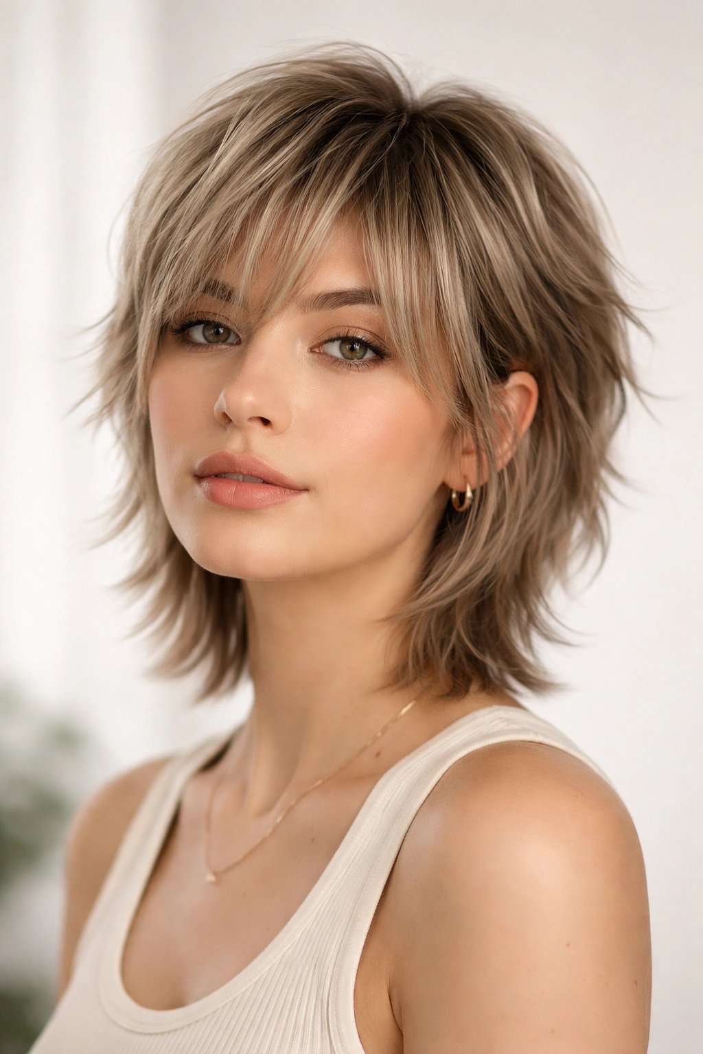 Close-up of a short wolf cut on fine hair showing crown lift and textured layers