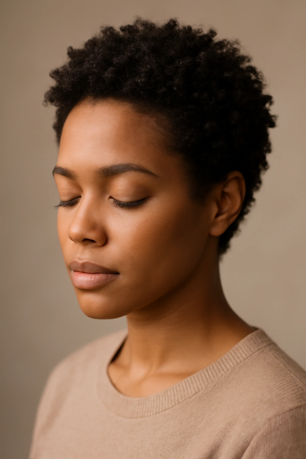 12 Short Curly Natural Hairstyles for Black Women 13 Portrait of a Black woman with short natural curls in a photorealistic studio setting