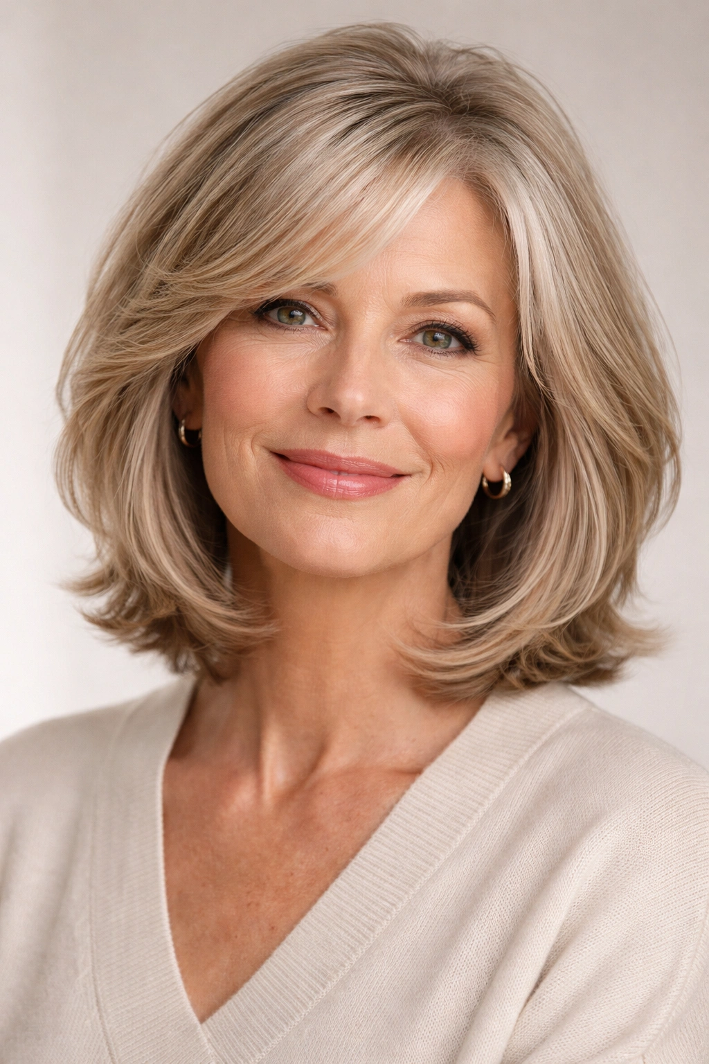 Close-up of a shoulder-length haircut that enhances fullness and ease for aging hair