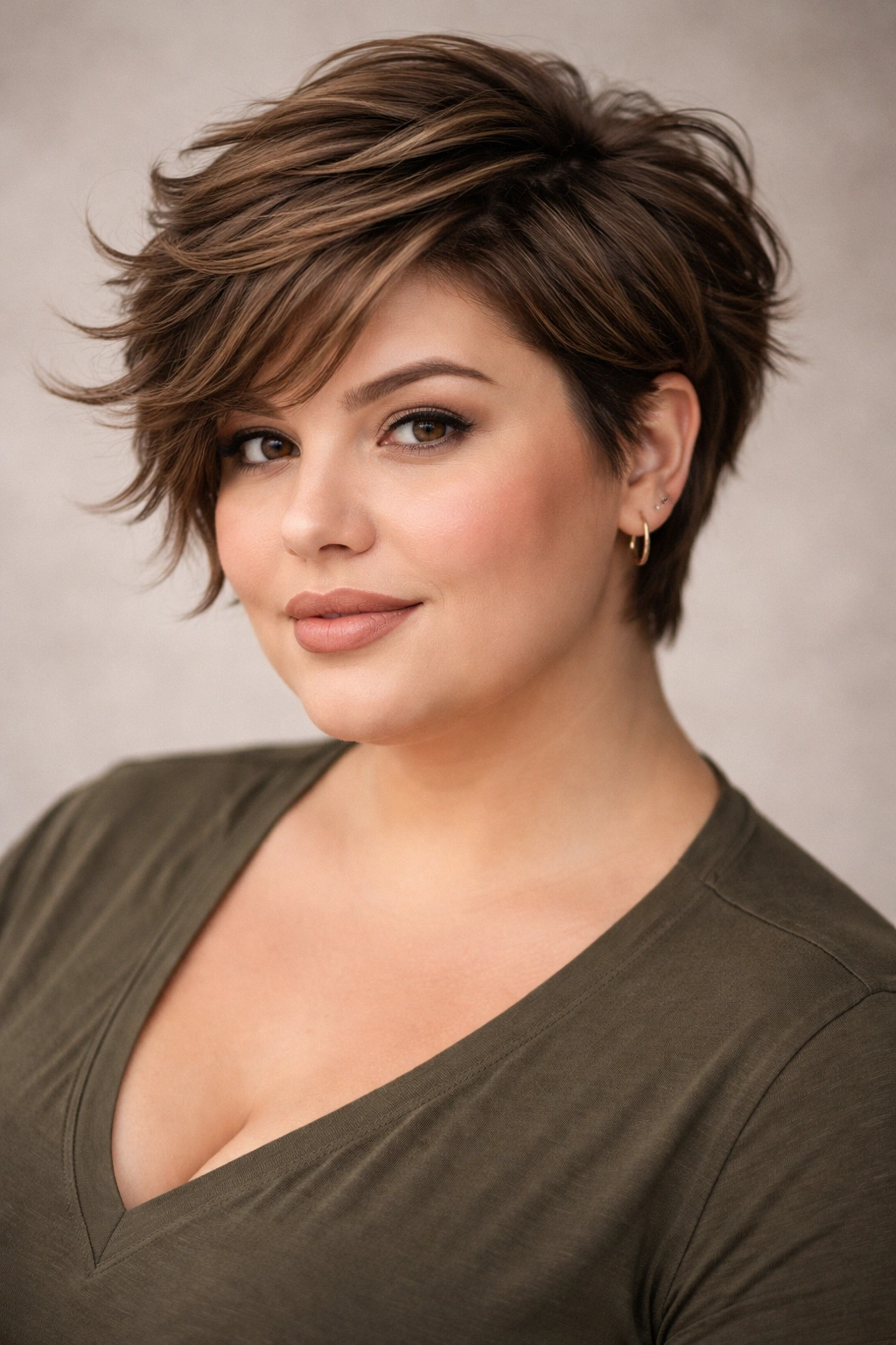 Portrait of a person with short layered haircut showing movement.