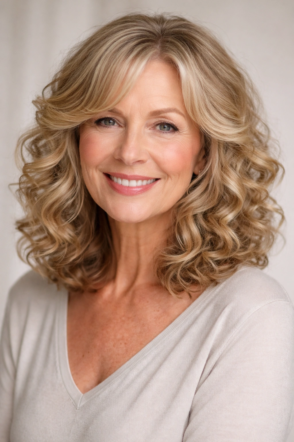 Shoulder-length curls with warm blonde highlights around the face.
