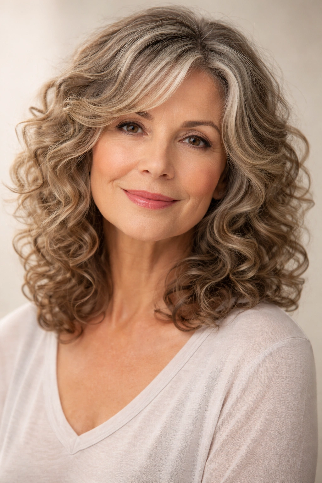 Shoulder-length curls with face-framing layers framing the face
