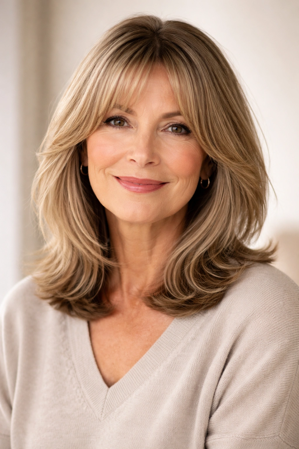 Front-facing portrait of a shoulder-length hairstyle with soft curtain bangs