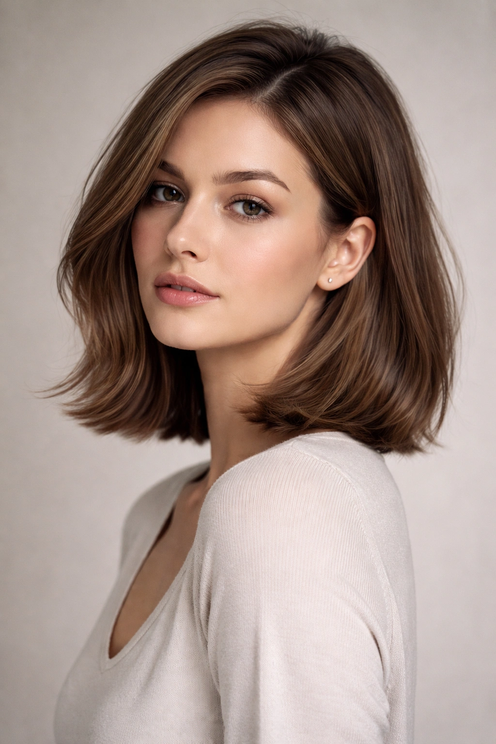 Model with shoulder-grazing bob length and shape