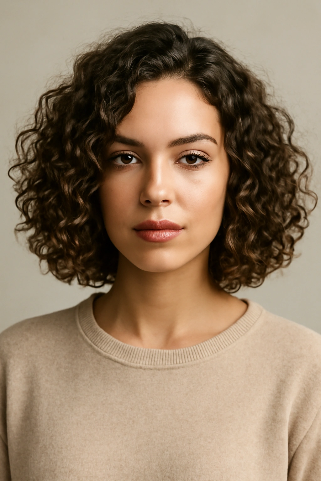 Shoulder-grazing curly bob on a model, collarbone-length with defined curls and soft waves