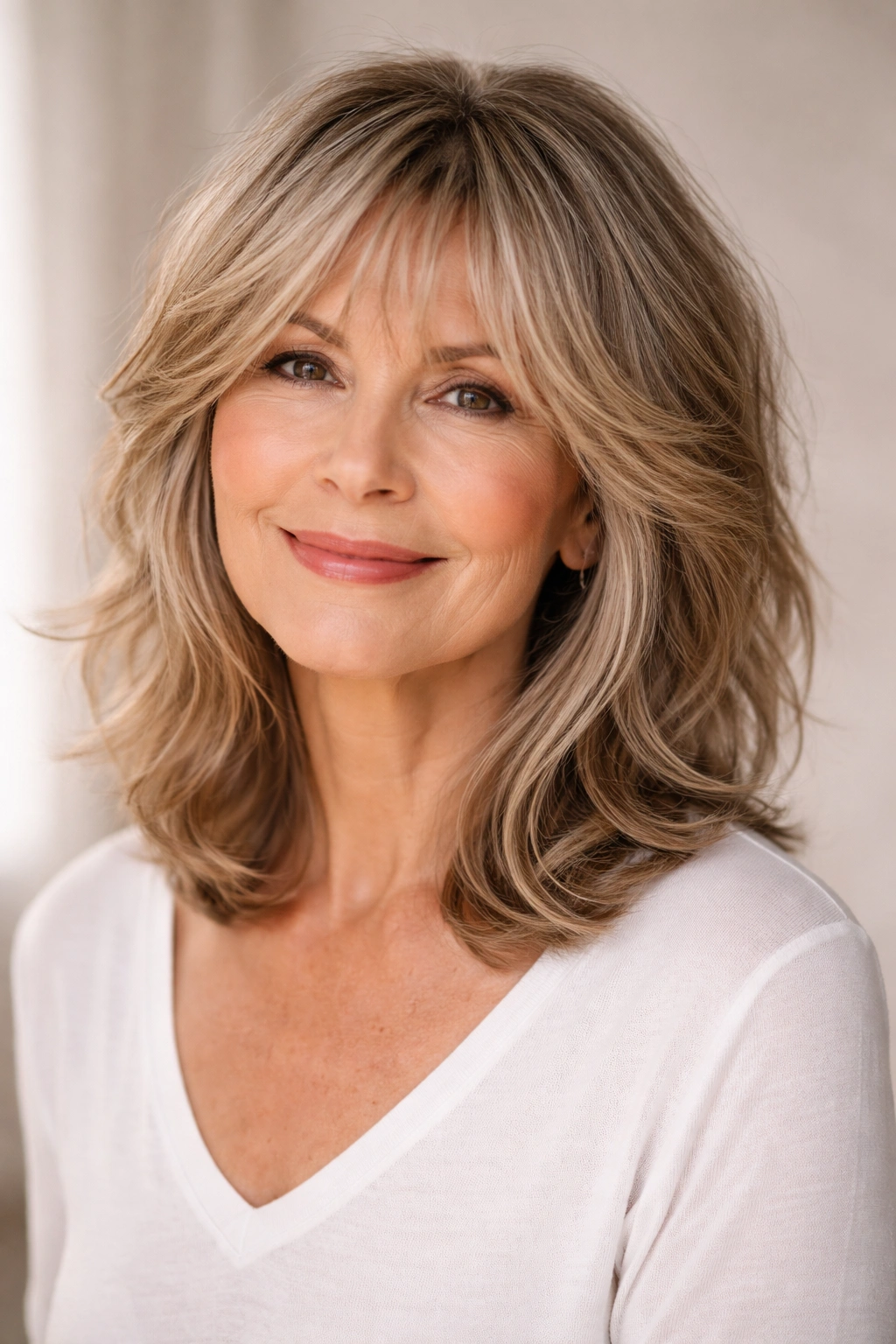 Close-up of a mature woman with shoulder-length shag showing textured layers and face-framing movement