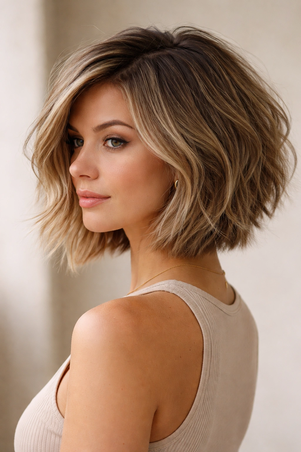 18 Stacked Bob Styles From Short To Medium Length 18 Model with shoulder-grazing textured stacked bob showing layered texture and volume