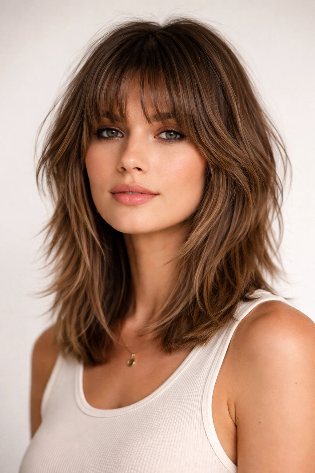 Shoulder-length blunt shag hairstyle close-up