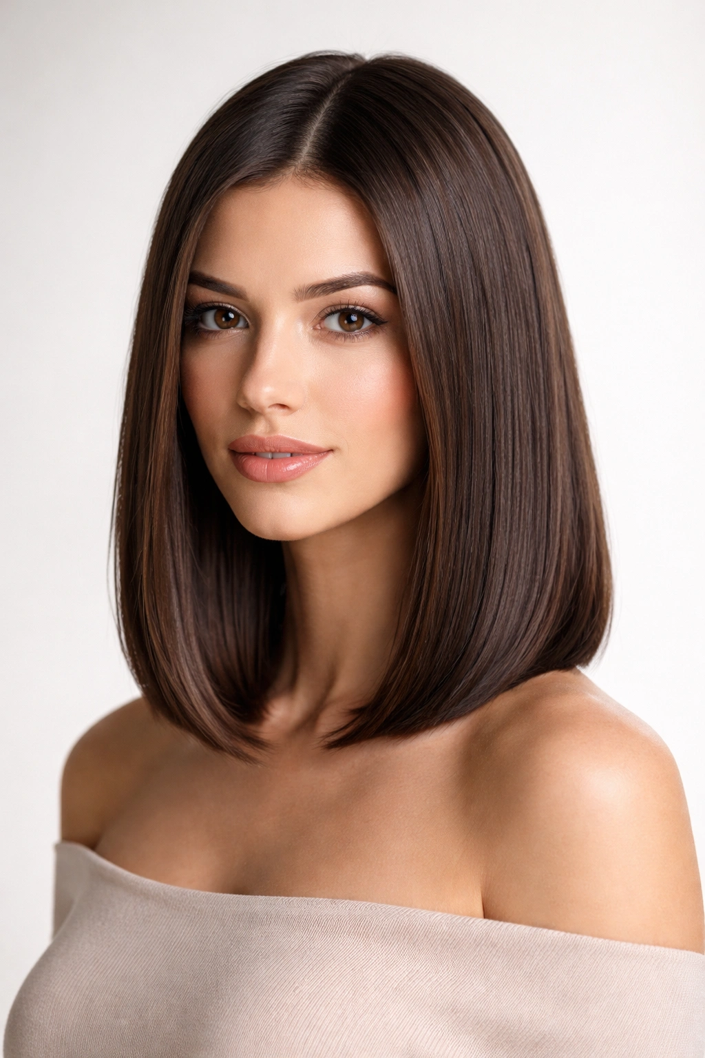 Frontal portrait of sleek shoulder-length hair with blunt straight silhouette