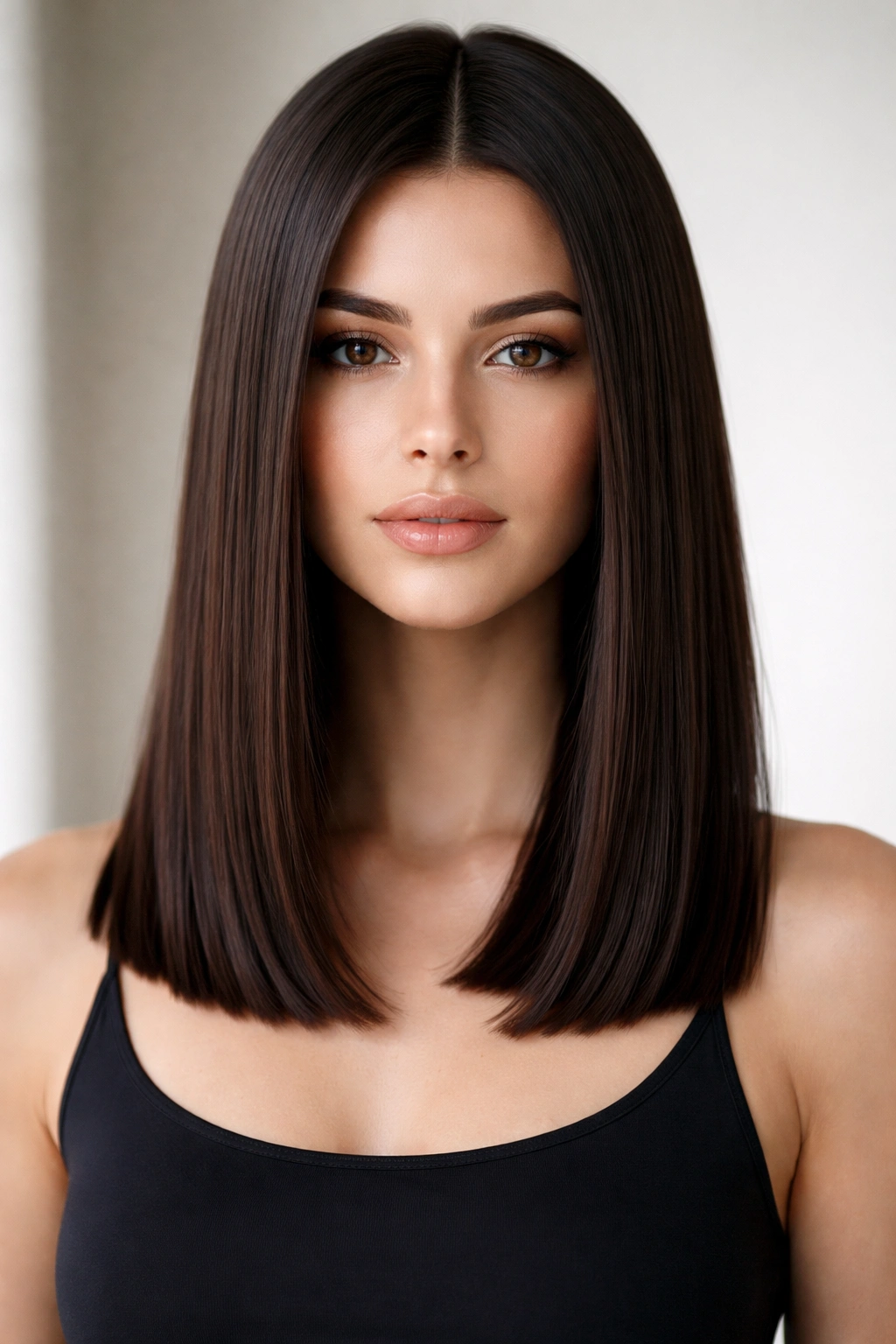 15 Sleek Medium Haircuts For Women With Straight Hair 4 Portrait of straight shoulder-length blunt cut with a clean edge