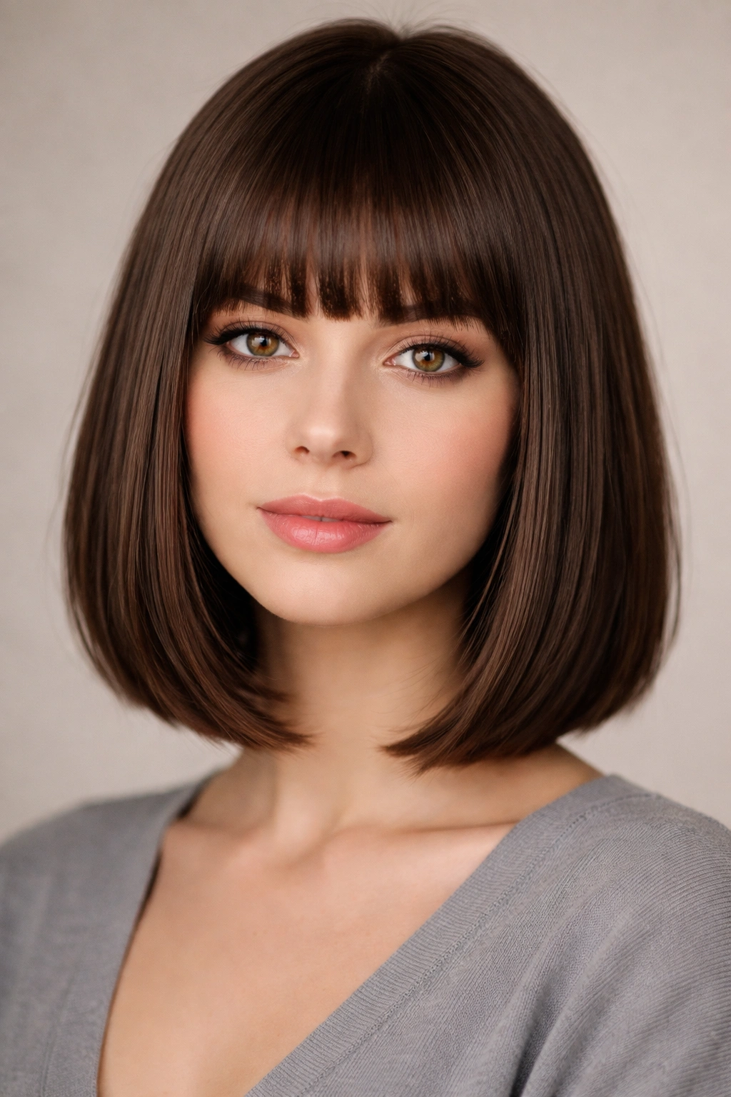 12 Hairstyles That Widen And Flatter A Long Face 1 Model with shoulder-length bob and blunt bangs highlighting horizontal fringe