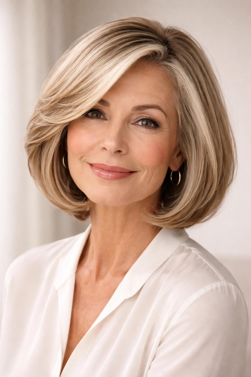 Mature woman with shoulder-length bob and deep side part.