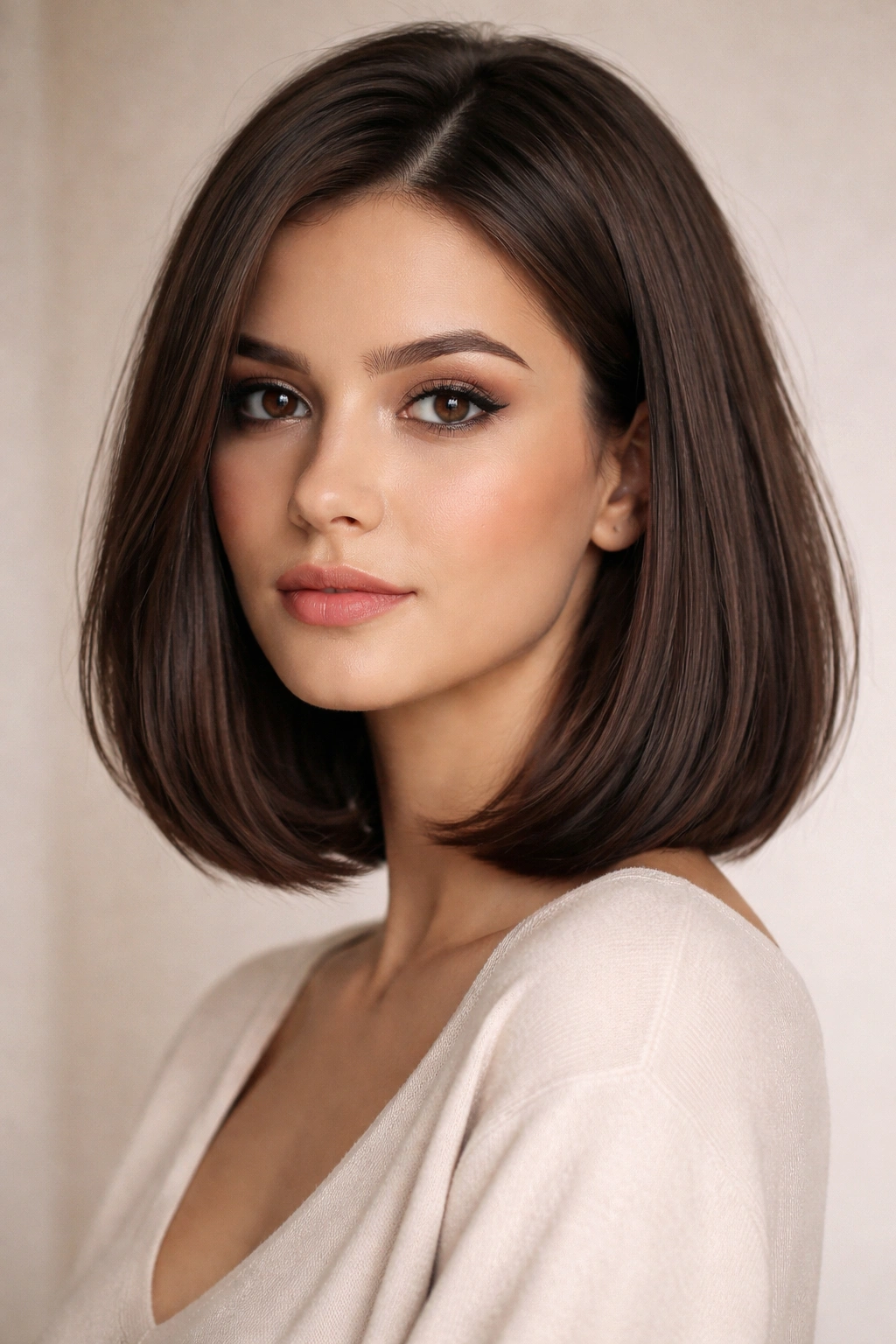 30 Short Haircuts That Flatter Almost Every Woman 19 Close-up of a woman with a sleek shoulder-length bob, emphasizing face-framing length and shine