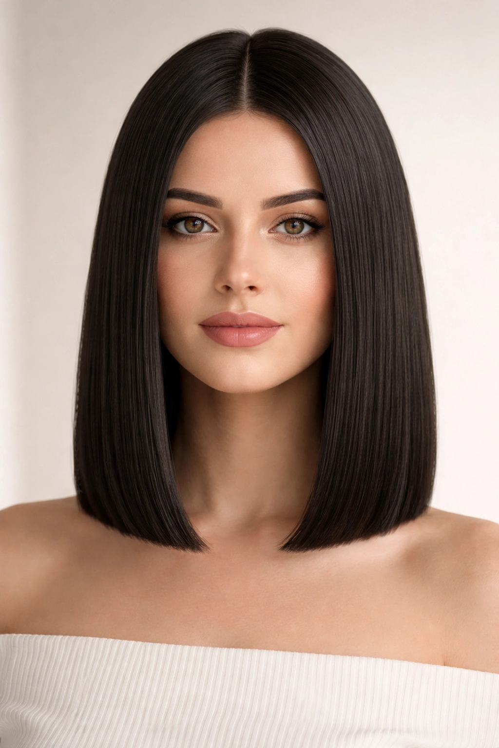 Front view of a sleek shoulder-length bob with a straight, even hem