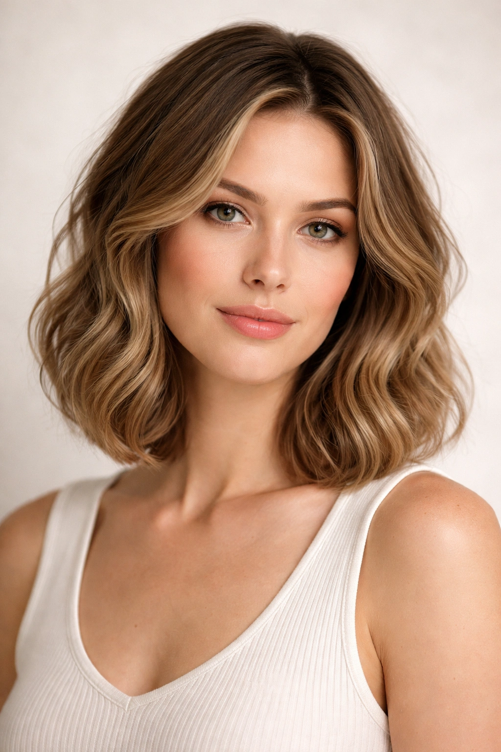 Close-up of shoulder-length wavy bob framing an oblong face