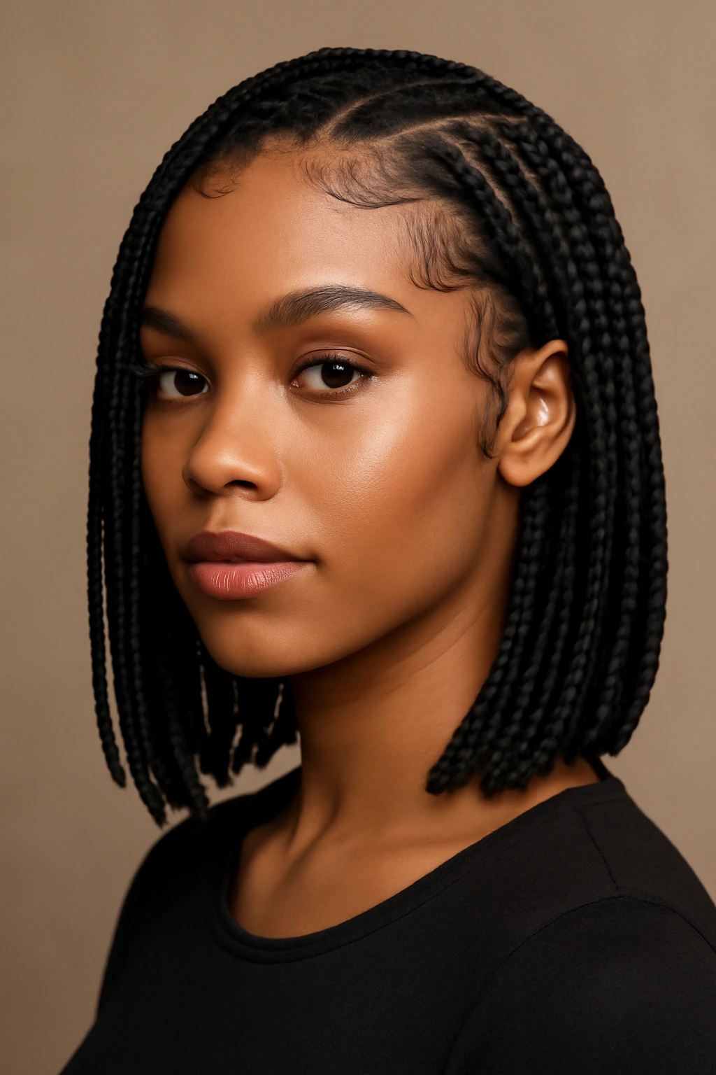 Shoulder-length box braids with shaped baby hairs framing the face against a neutral backdrop