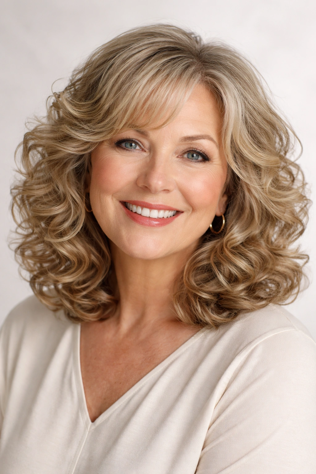 Close-up of shoulder-length soft curls with volume and shine