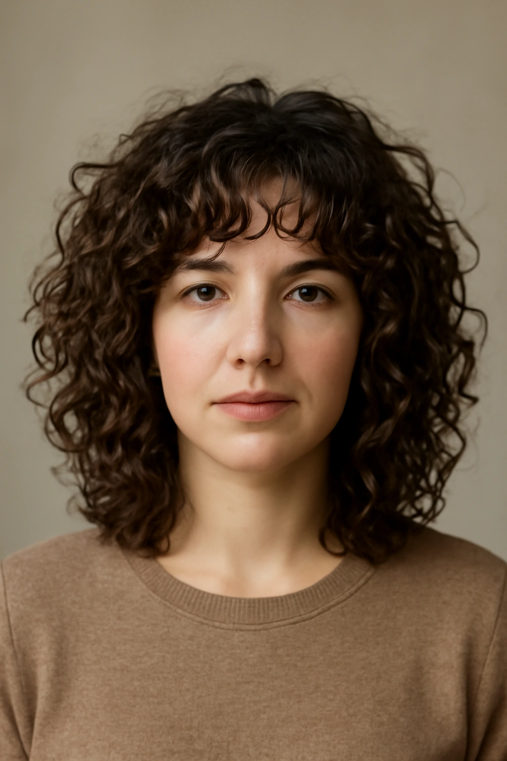 Shoulder-length curly hair with layered ends and volume.