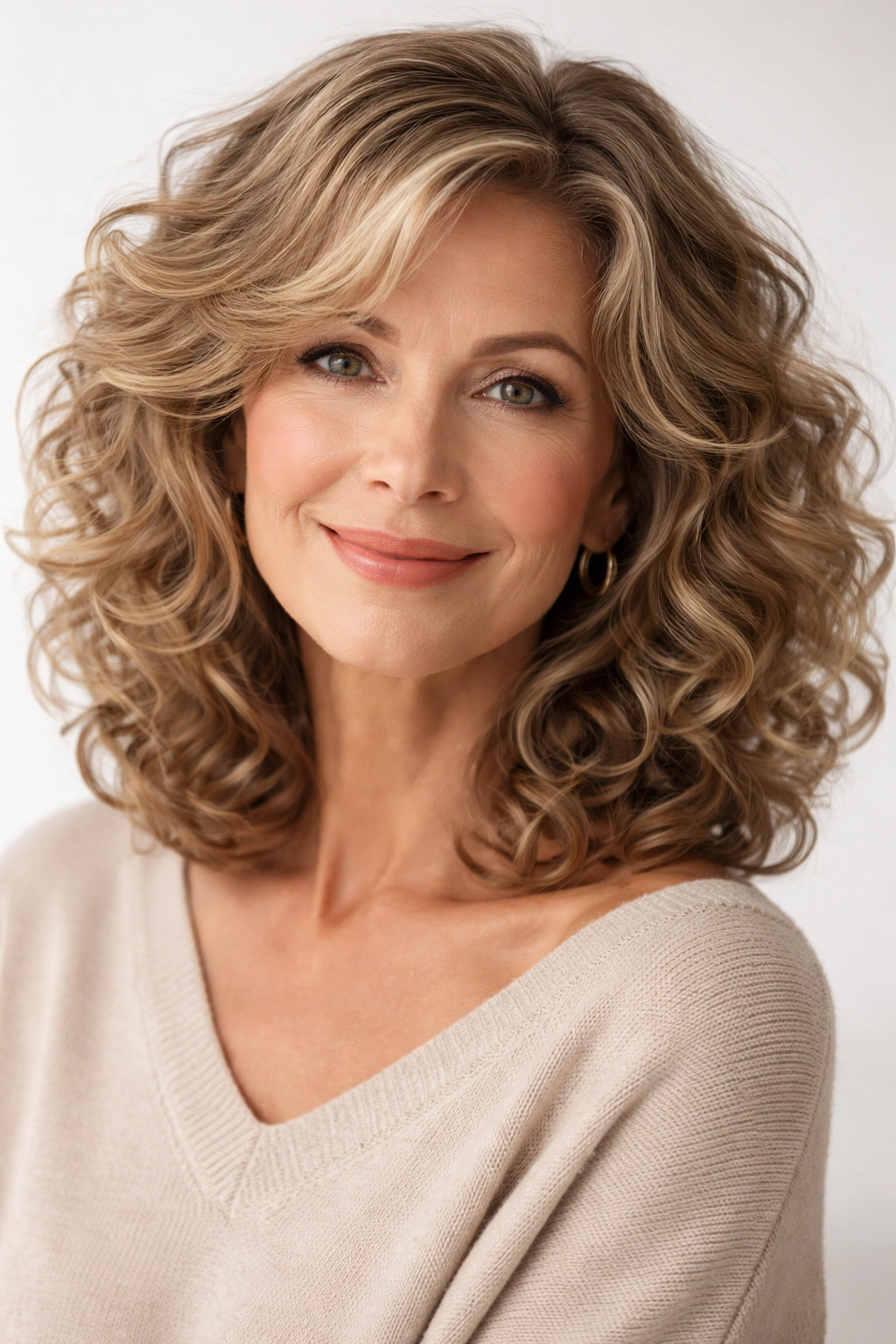 Shoulder-length curls with layers on a mature woman showing volume
