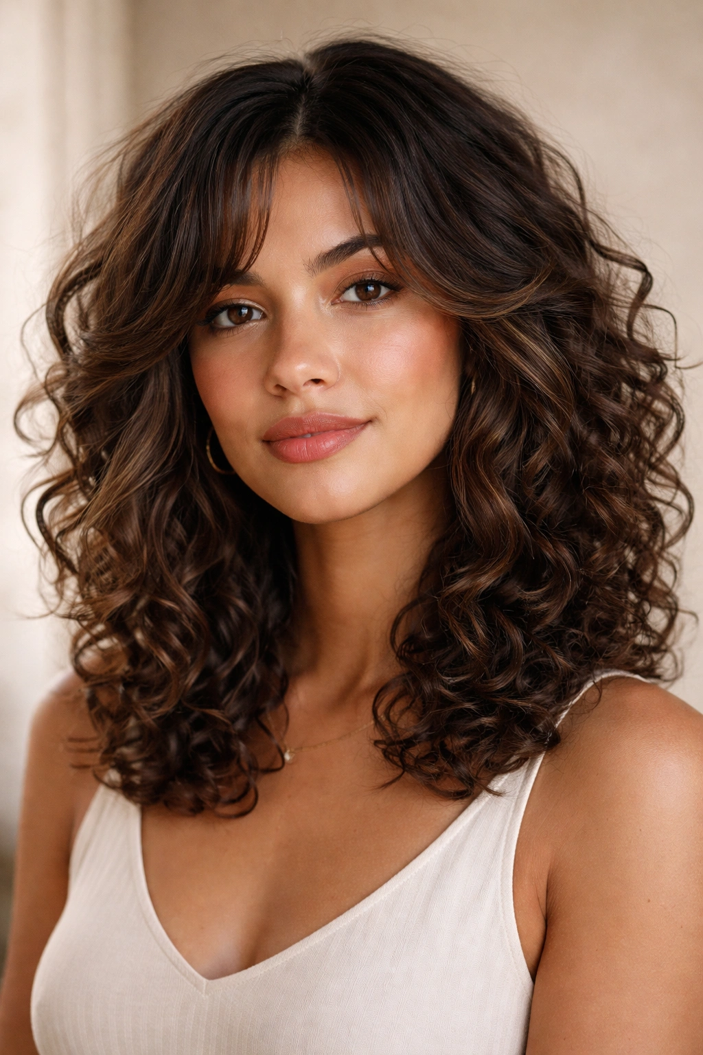 20 Curly Haircuts Broken Down By Curl Type 13 Close-up portrait of shoulder-length layered curls with face-framing mixed textures