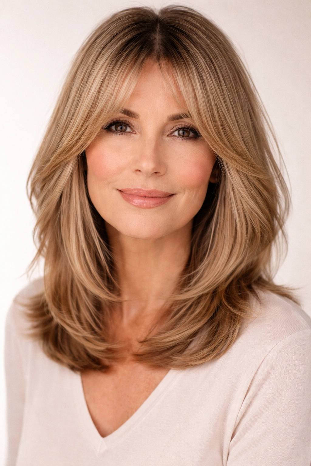 Shoulder-length hair with curtain bangs on a mature woman in a studio
