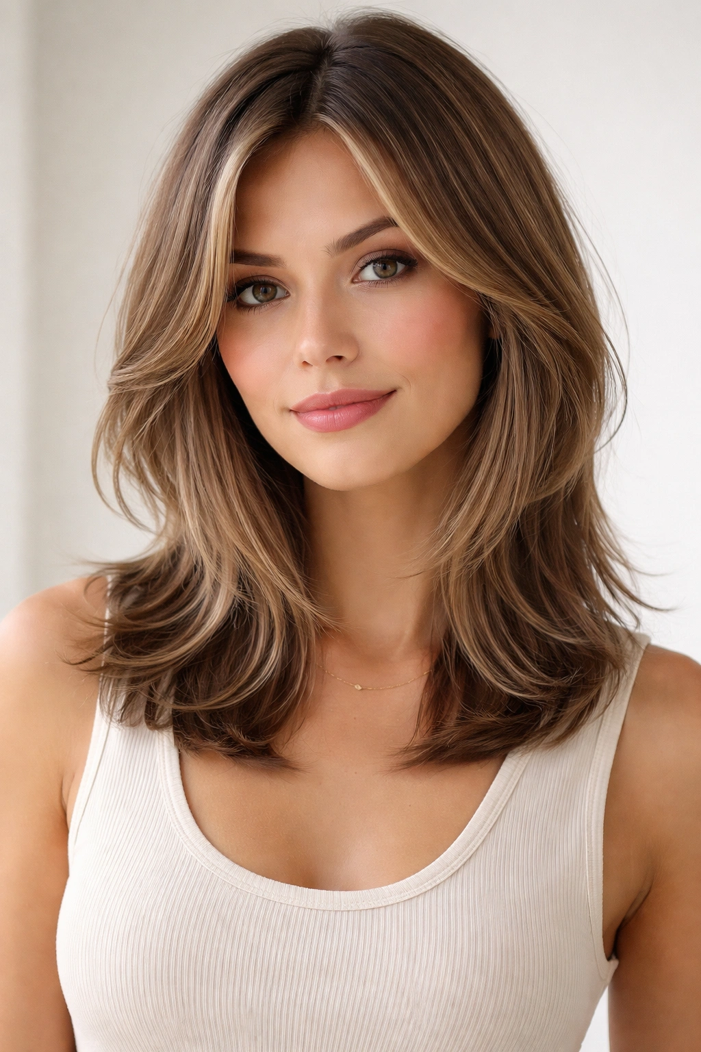 Shoulder-length haircut with soft face-framing layers around the face