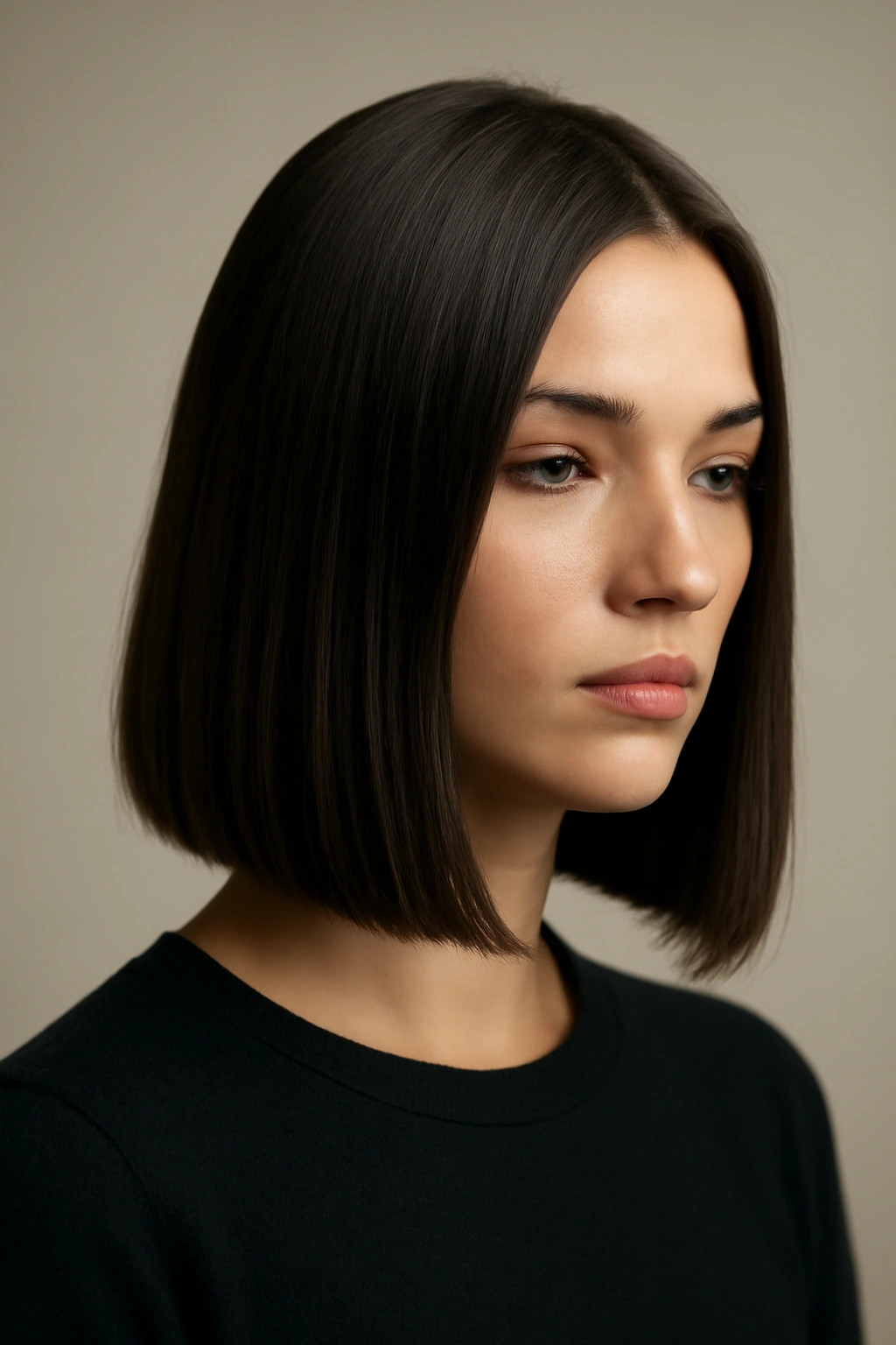 12 Straight Styles That Make Shoulder-Length Hair Look Amazing 13 Close-up portrait of shoulder-length straight hair with a blunt, glossy cut in studio lighting