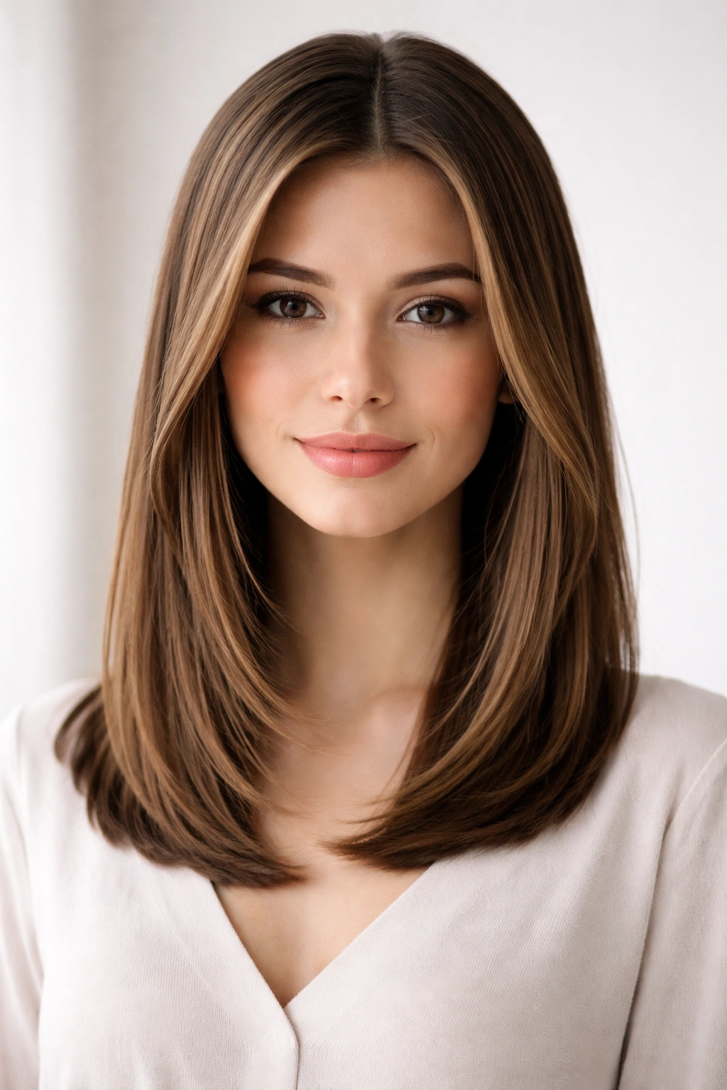 Shoulder-length straight hair with subtle face-framing layers