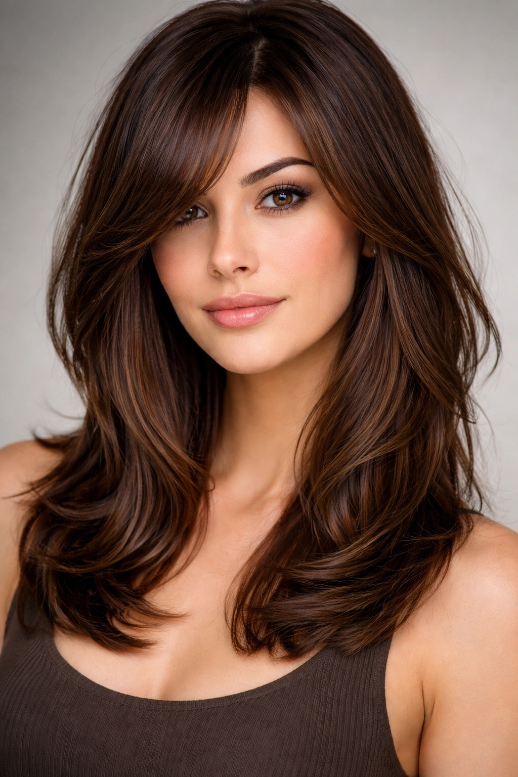 Portrait of shoulder-length hair with face-framing layers and long side bangs