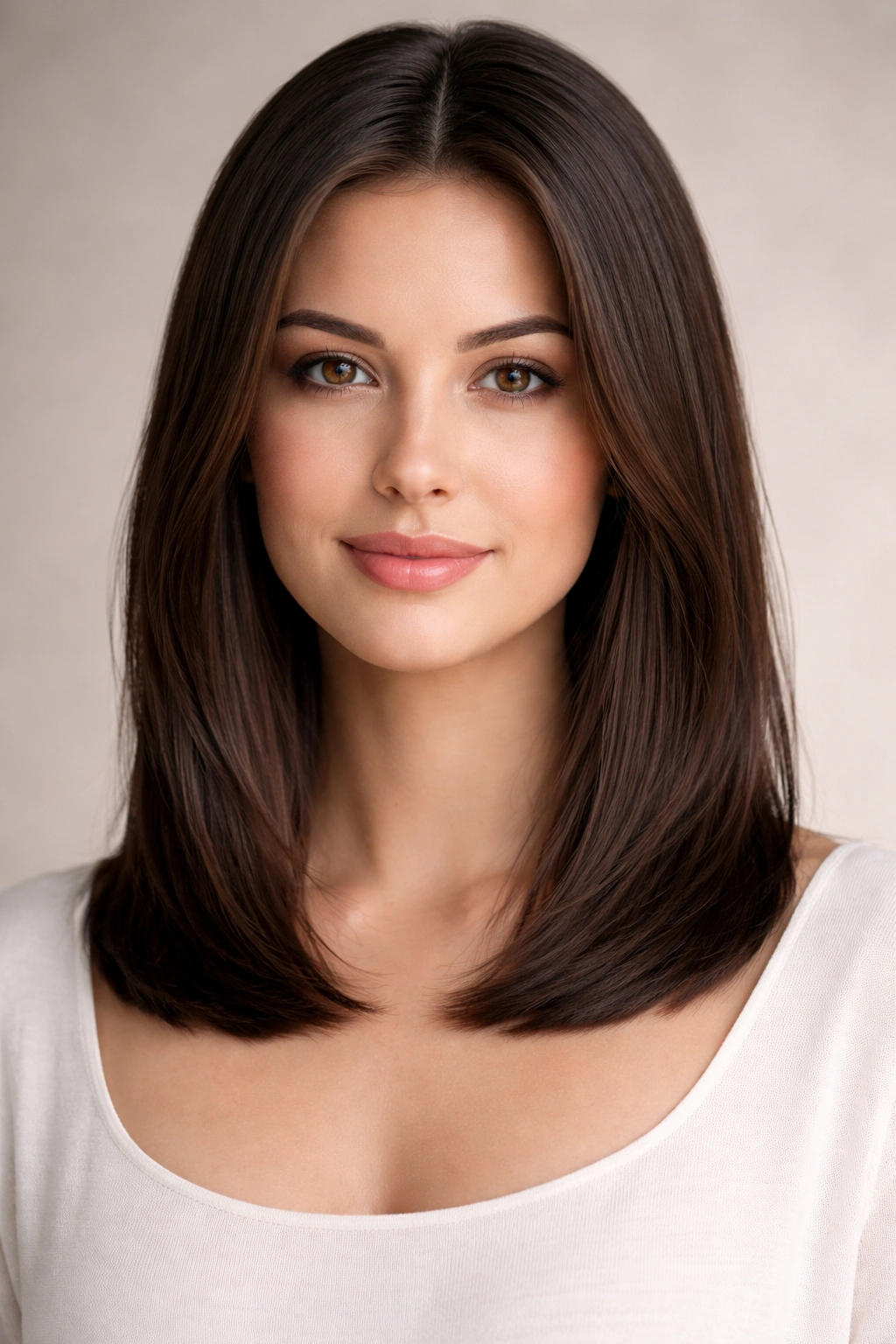 Shoulder-length hair with minimal layers forming a clean collarbone silhouette.