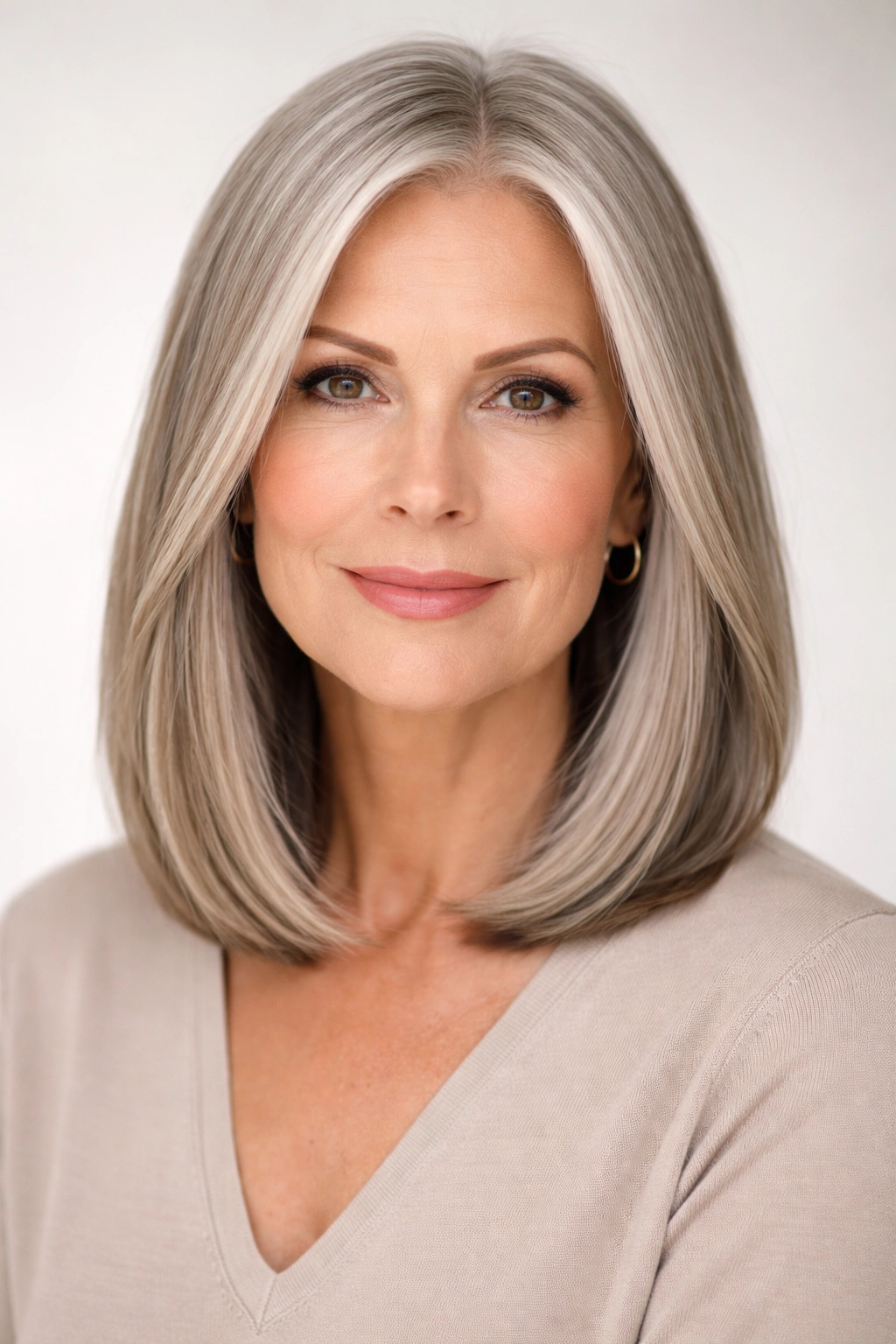 Shoulder-length straight cut on oblong face with center part