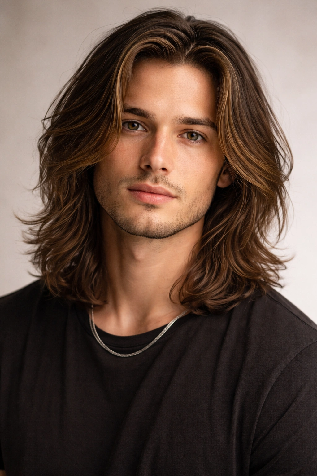 Male model with shoulder-length hair and subtle highlights