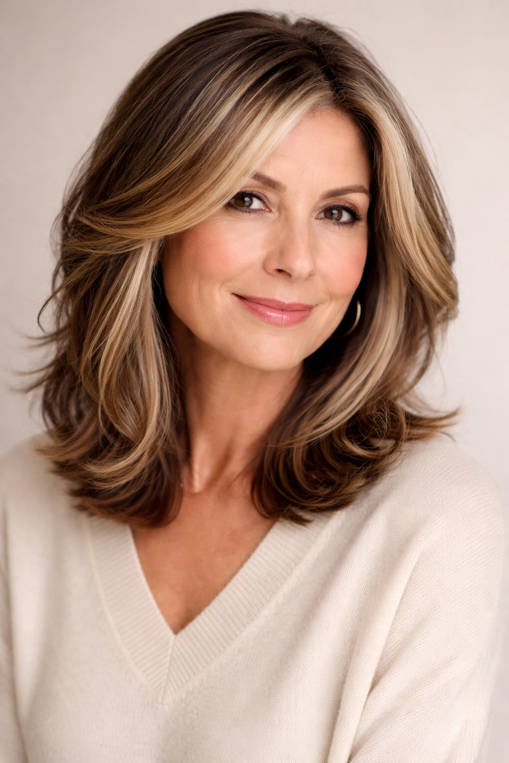 Shoulder-length hair with face-framing highlights around the face