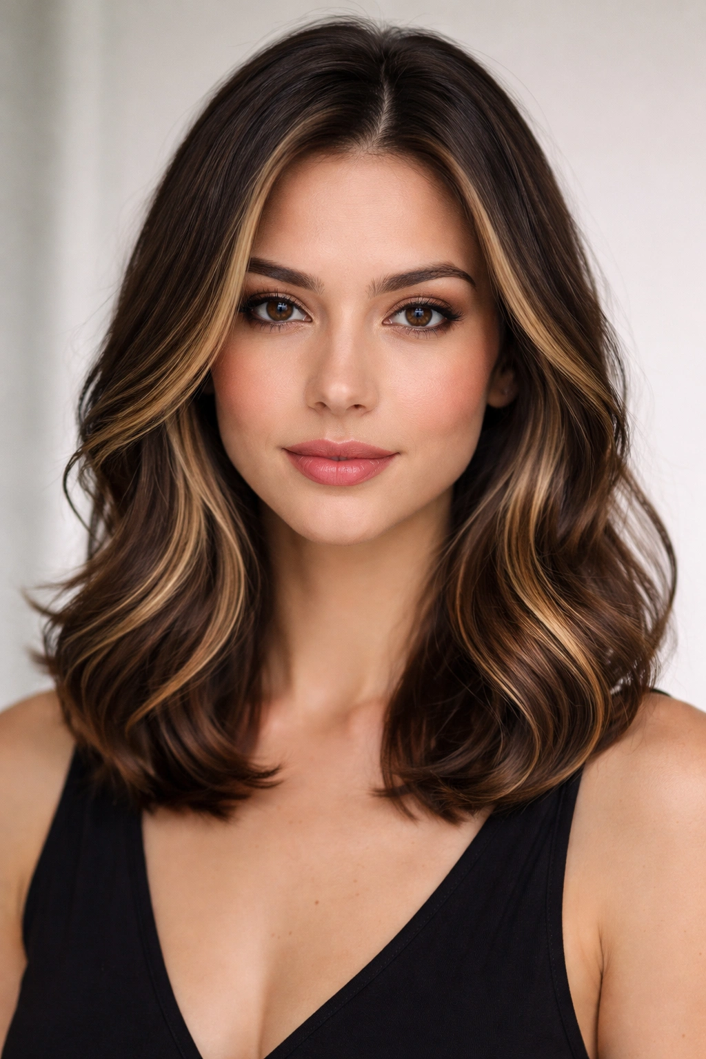 20 Haircuts Matched To Your Face Shape Perfectly 19 Close-up portrait showing shoulder-length hair with jawline-focused highlights on a diamond-face.