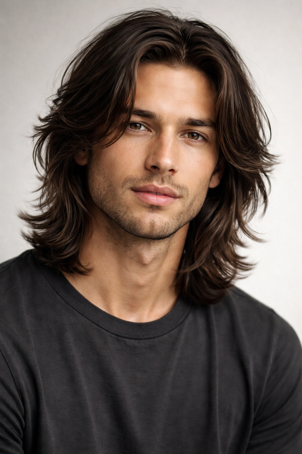 Shoulder-length layered hair on a man, highlighting texture and movement