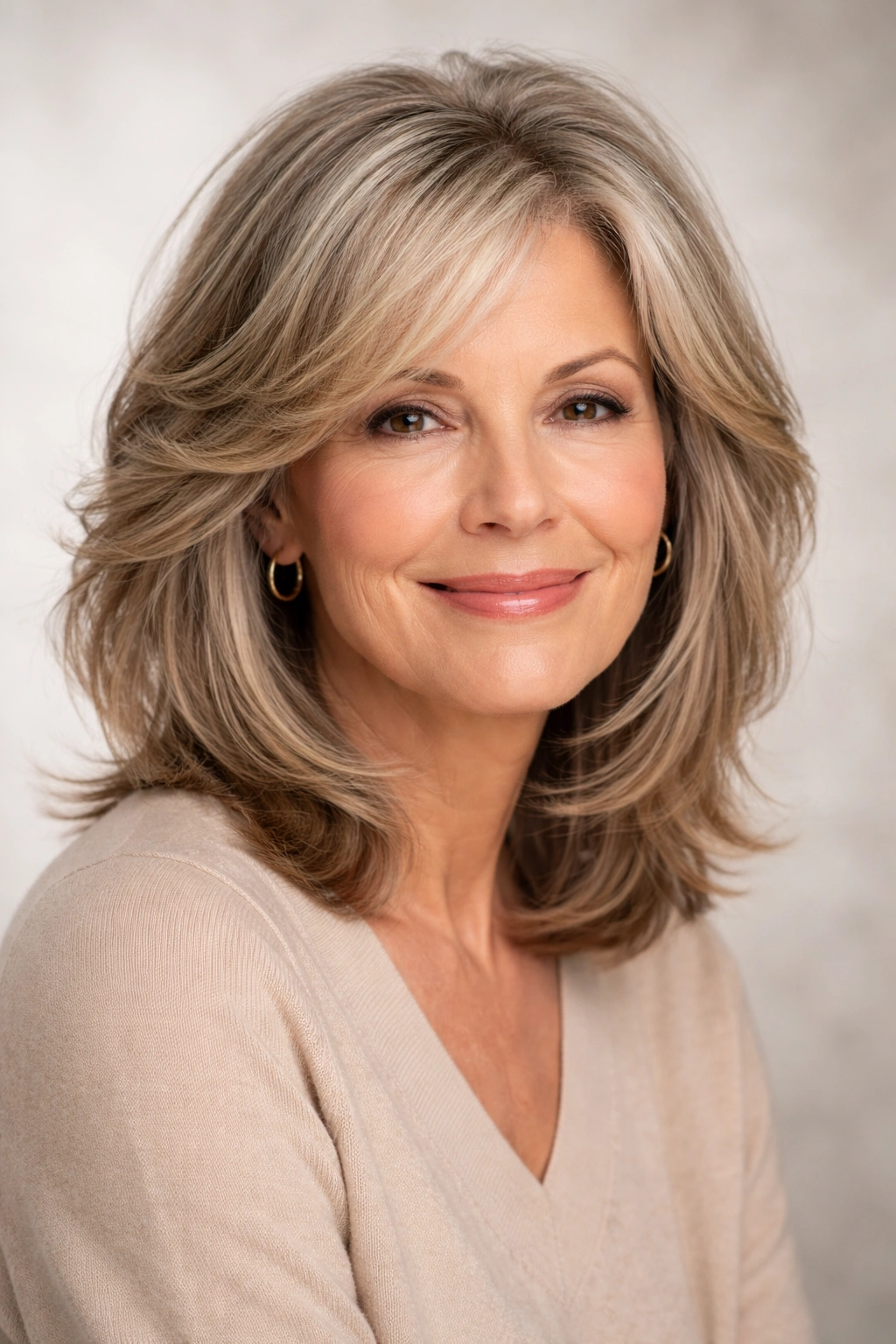 Older woman with a shoulder-length layered haircut showing volume and movement.