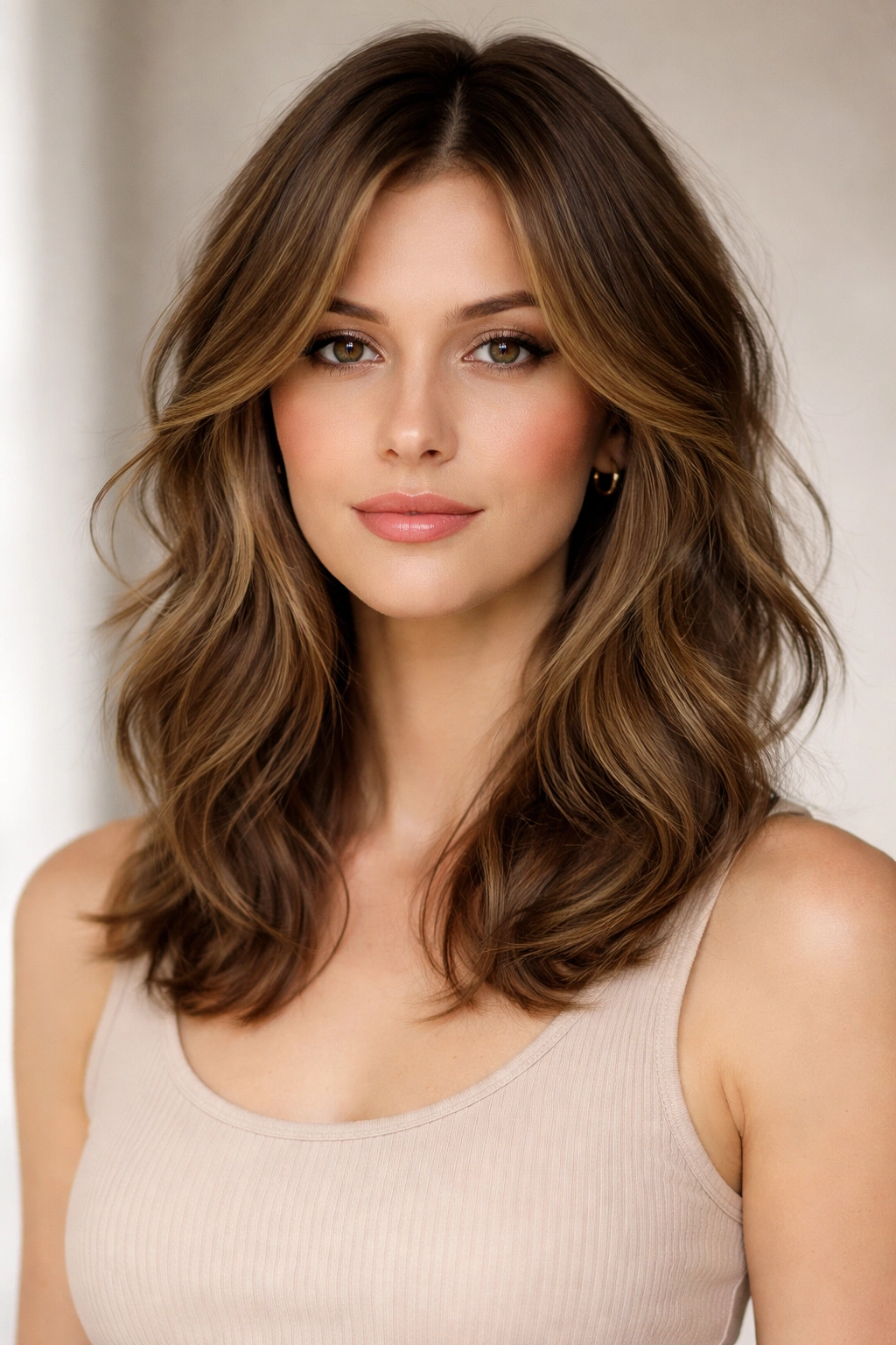 Close-up of shoulder-length layered hair with textured waves framing the face