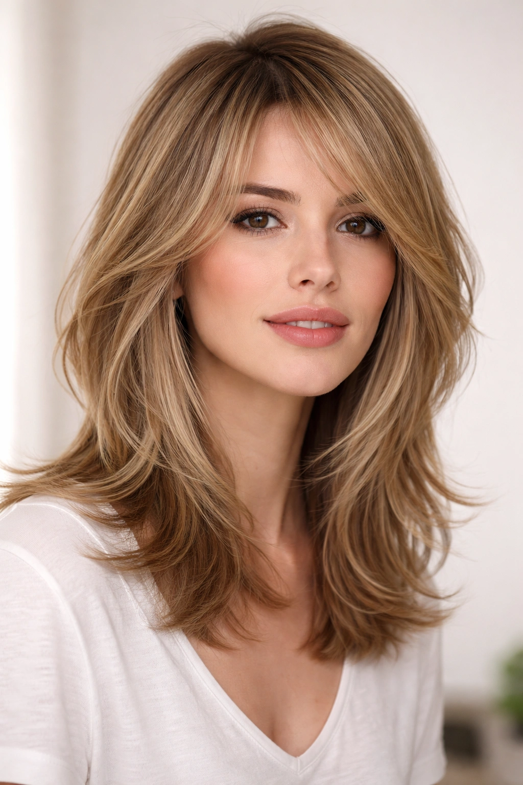 Shoulder-length hair with wispy feathered layers framing the face.